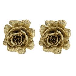 Foto van 2x stuks decoratie bloemen roos goud glitter op clip 10 cm - kersthangers