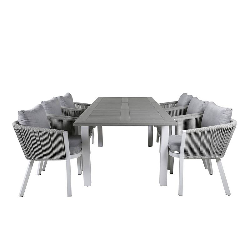 Foto van Albany tuinmeubelset tafel 90x152/210cm en 6 stoel virya wit, grijs, crèmekleur.