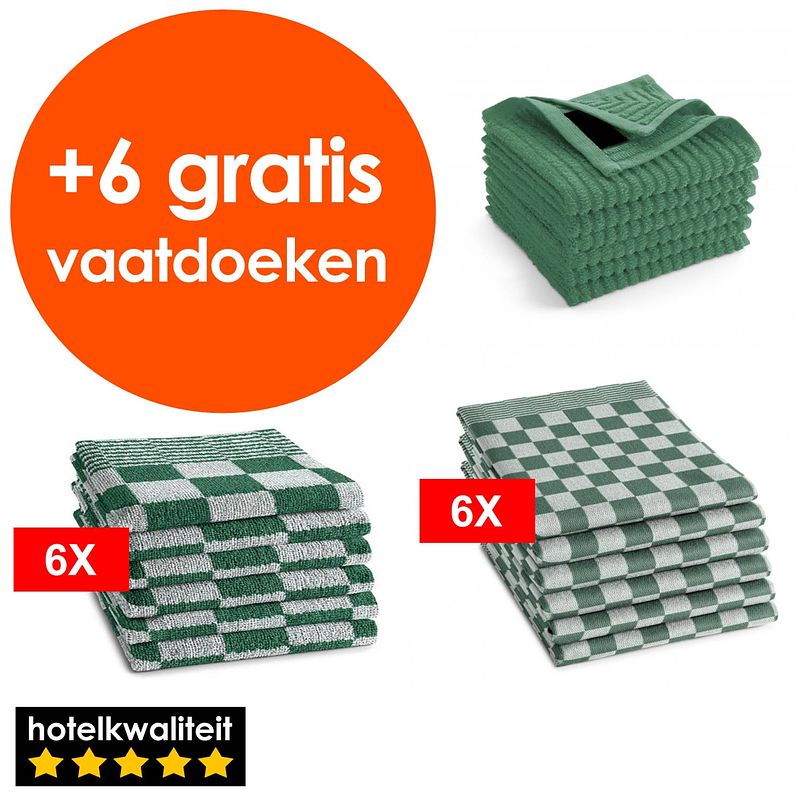 Foto van Zavelo 6x theedoeken en 6x keukendoeken set + 6x gratis vaatdoekjes - 6x theedoeken - 6x keukendoeken - groen