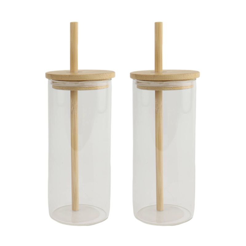 Foto van Orange85 drinkglazen - met bamboo deksel en rietje - 2 stuks - 400 ml - waterglazen