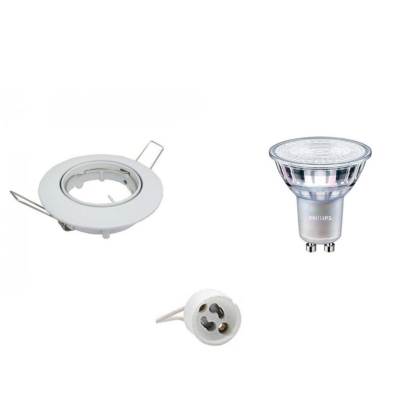 Foto van Led spot set - gu10 fitting - inbouw rond - glans wit - kantelbaar ø82mm - philips - master 927 36d vle - 3.7w - warm