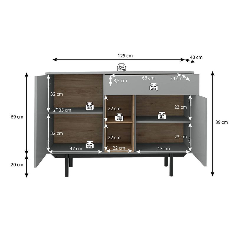 Foto van Meubella - dressoir iris - grijs - eiken - 125 cm