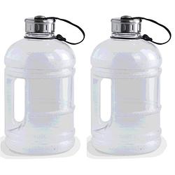 Foto van 2x transparante waterflessen/drinkflessen met handvat en vaste dop 1900 ml - drinkflessen