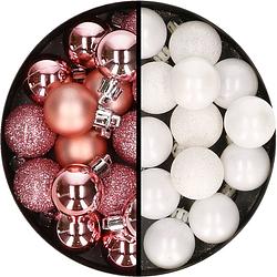 Foto van 34x stuks kunststof kerstballen roze en wit 3 cm - kerstbal