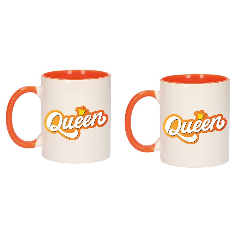 Foto van 2x stuks koningsdag queen met kroontje mok/ beker oranje wit 300 ml - feest mokken