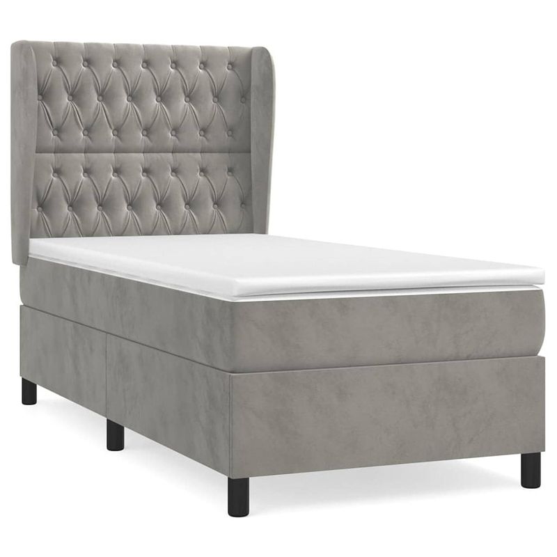 Foto van The living store boxspring bed - fluweel - pocketvering - middelharde ondersteuning - lichtgrijs - 203x93x118/128 cm -