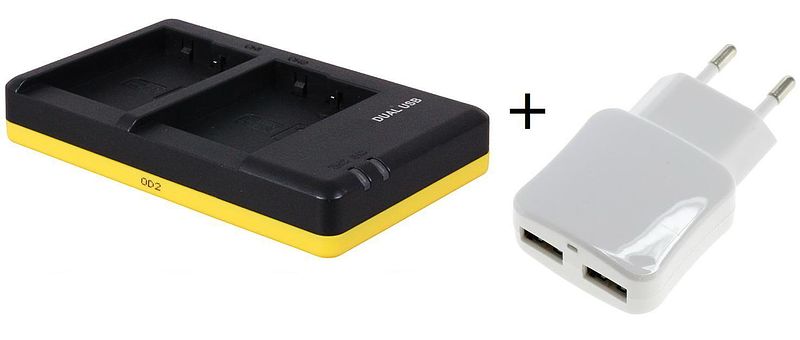 Foto van Duo lader voor 2 camera accu's panasonic dmw-blc12 + handige 2 poorts usb 230v adapter