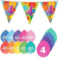 Foto van Leeftijd verjaardag thema 4 jaar pakket ballonnen/vlaggetjes - feestpakketten