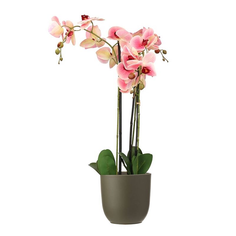 Foto van Orchidee kunstplant roze - 75 cm - inclusief bloempot olijfgroen mat - kunstplanten