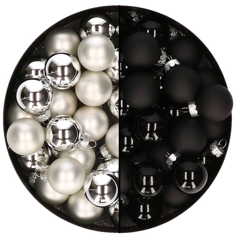 Foto van Mini kerstballen - 48x st - zilver en zwart - 2,5 cm - glas - kerstbal