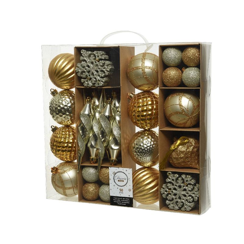 Foto van Decoris - mix box plastic d8 cm goud ass 50st kerst