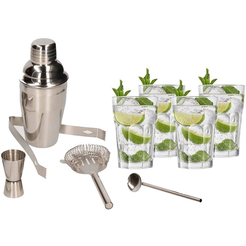 Foto van Cocktailshaker set rvs 5-delig inclusief 4x cocktailglazen 410 ml - cocktailshakers