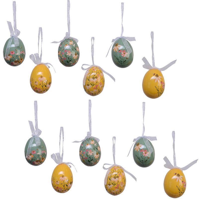 Foto van 12x stuks decoratie paaseieren hangend - 6 cm - foam - feestdecoratievoorwerp