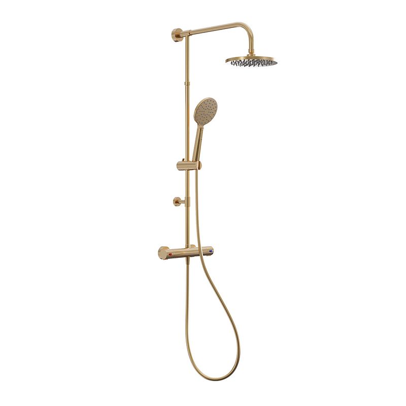 Foto van 4bathroomz® pvd regendouche brushed brass met thermostaatkraan - 25cm