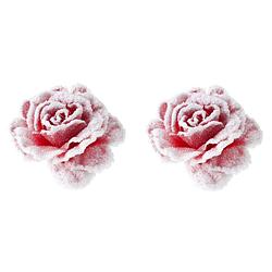 Foto van 2x stuks decoratie bloemen roos roze met sneeuw op clip 15 cm - kersthangers