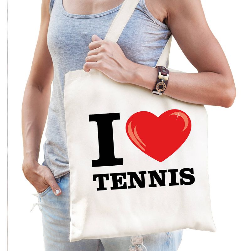 Foto van Katoenen tasje i love tennis wit voor dames en heren - feest boodschappentassen