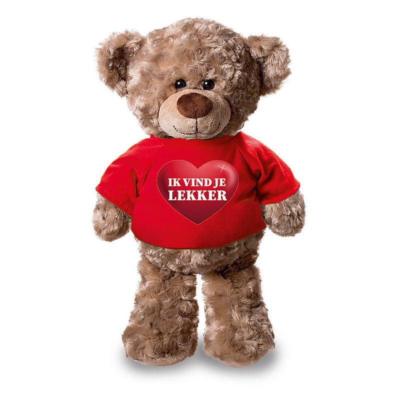 Foto van Knuffel teddybeer met ik vind je lekker hartje shirt rood 24 cm - knuffelberen