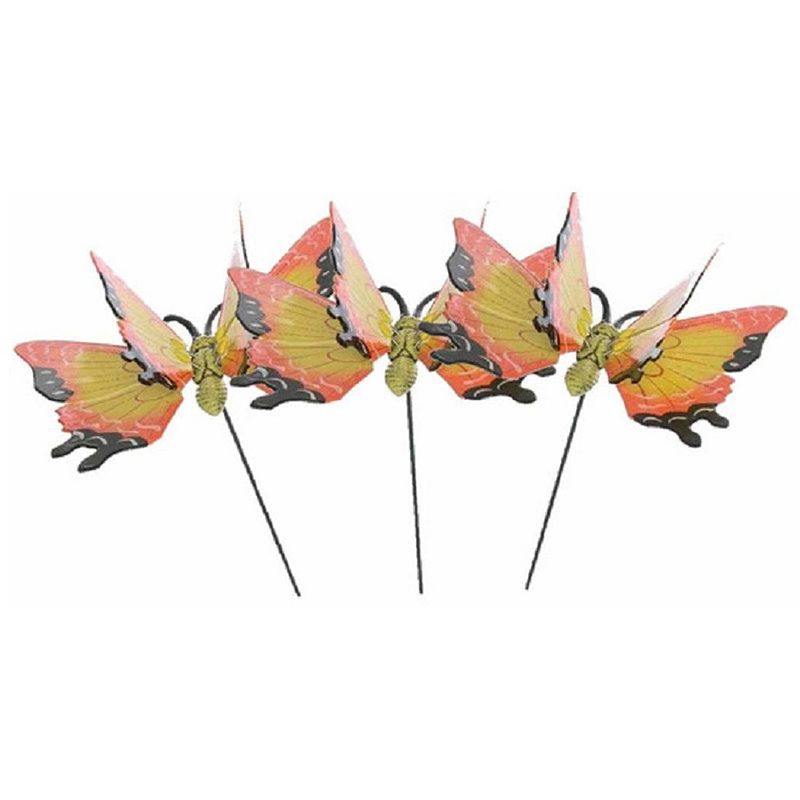 Foto van Set van 3x stuks metalen vlinder geel/oranje 11 x 70 cm op steker - tuinbeelden