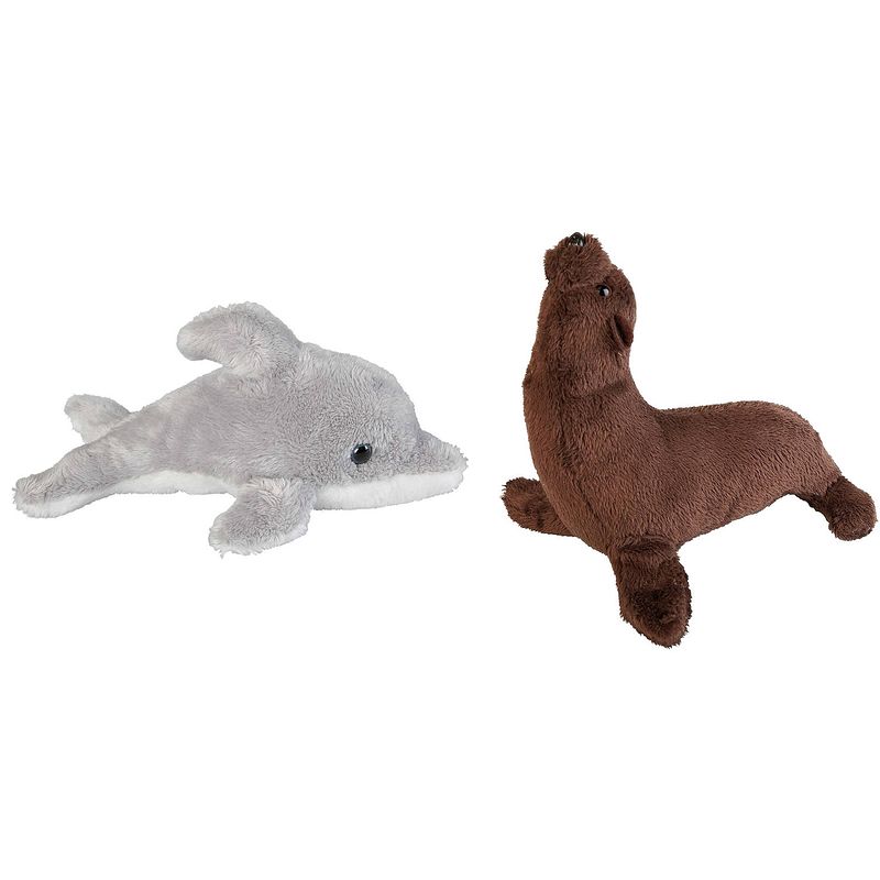 Foto van Zeedieren serie zachte pluche knuffels 2x stuks - dolfijn en zeeleeuw van 15 cm - knuffel zeedieren