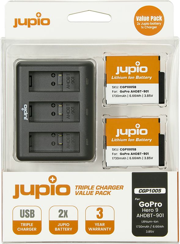 Foto van Jupio kit: battery gopro hero 9/10 ahdbt-901 (2x) + compact usb triple charger