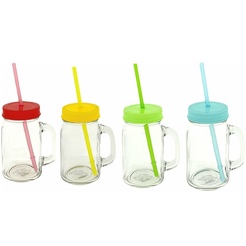 Foto van 4x stuks glazen mason jar drinkbekers kunstof schroefdeksel en rietje 400 ml - fruit shakes