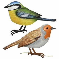 Foto van Decoratie vogels/muurvogels roodborstje en pimpelmees voor in de tuin 38 cm - tuinbeelden