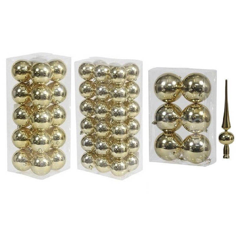 Foto van Kerstversiering kunststof kerstballen met piek goud 6-8-10 cm pakket van 63x stuks - kerstbal