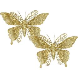 Foto van House of seasons kerst vlinders op clip - 2x st - goud glitter - 16 cm - kersthangers
