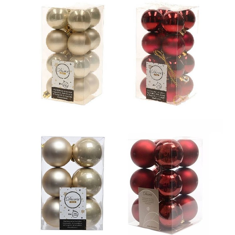 Foto van Kerstversiering kunststof kerstballen mix champagne/donkerrood 4 en 6 cm pakket van 80x stuks - kerstbal