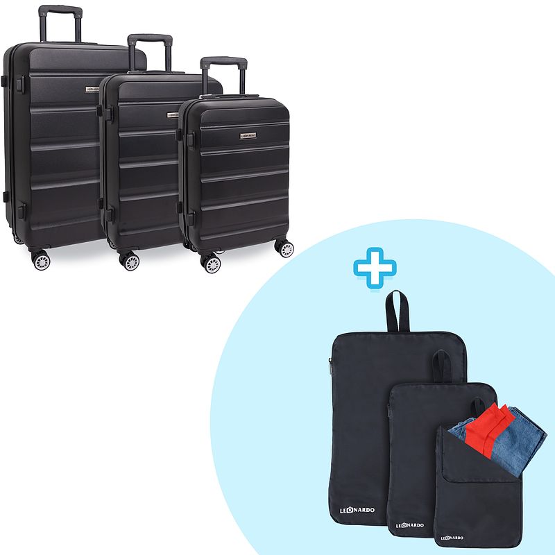 Foto van Kofferset 3-delig met tsa slot - venice - zwart - combideal met packing cubes compressie - 3pack