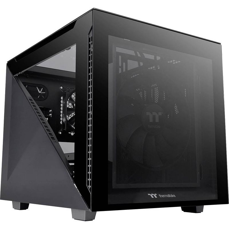 Foto van Thermaltake divider 200 tg black micro-tower pc-behuizing zwart 2 voorgeïnstalleerde ventilators, zijvenster, stoffilter