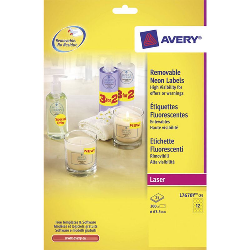 Foto van Laseretiket avery rond 63,5mm fluorgeel 25 vel 12 etiketten per vel