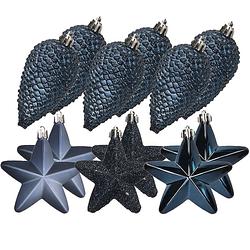 Foto van Dennenappels en sterren kerstornamenten - 12 stuks - kunststof - donkerblauw - kersthangers