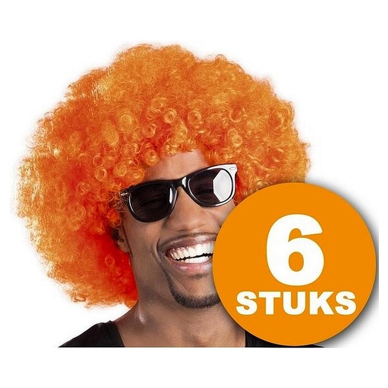 Foto van Oranje pruik 6 stuks oranje feestpruik ""afro"" feestartikelen oranje hoofddeksel feestkleding ek/wk voetbal