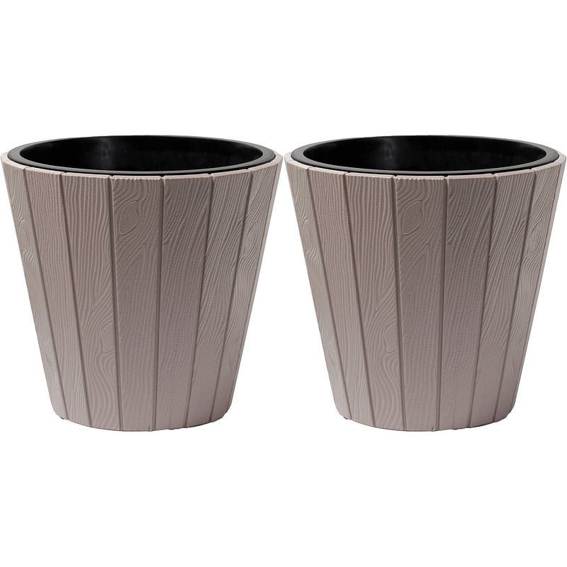 Foto van Prosperplast plantenpot/bloempot wood style - 2x - buiten/binnen - kunststof - beige - d30 x h28 cm - plantenpotten