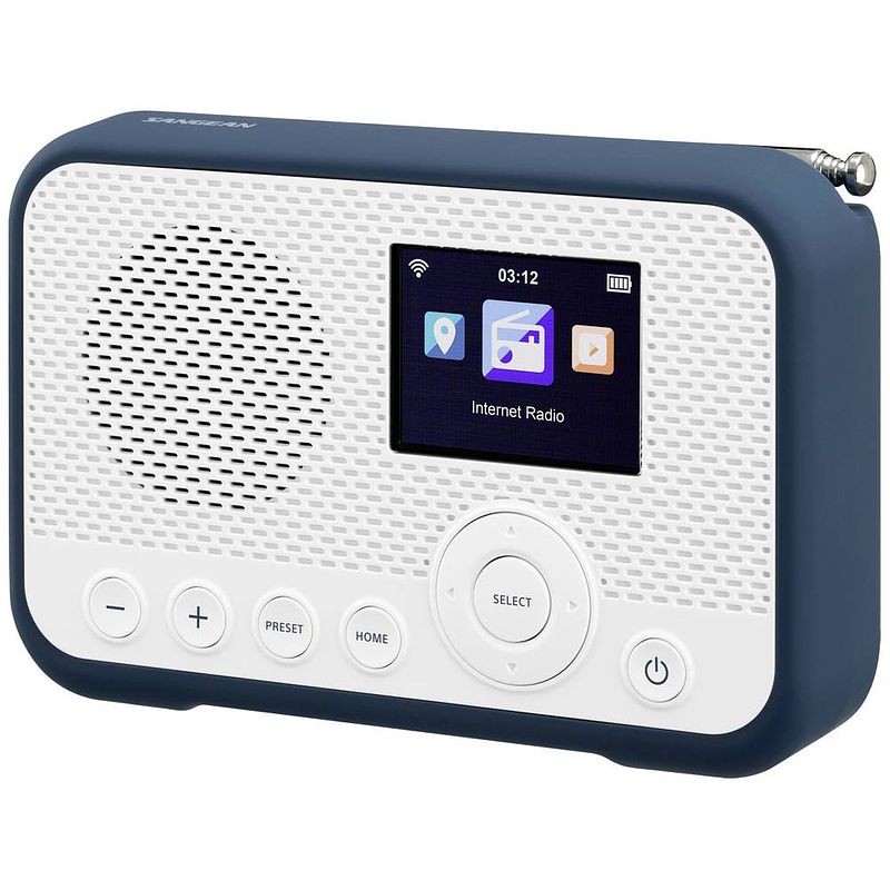 Foto van Sangean wfr-39 zakradio met internetradio internet, dab, vhf (fm) internetradio, fm, wifi spotify, wekfunctie, oplaadbaar wit, blauw