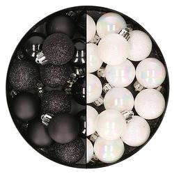 Foto van 28x stuks kleine kunststof kerstballen zwart en parelmoer wit 3 cm - kerstbal