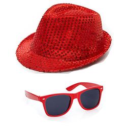 Foto van Carnaval verkleed set hoed en bril rood glitters - verkleedhoofddeksels