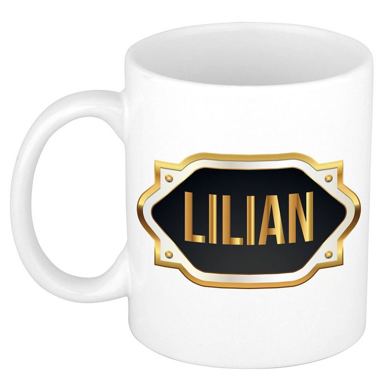 Foto van Naam cadeau mok / beker lillian met gouden embleem 300 ml - naam mokken