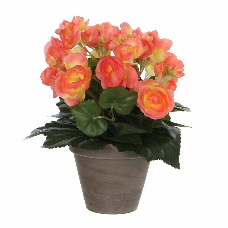 Foto van Zalmroze begonia kunstplant 30 cm in grijze pot - kunstplanten/nepplanten