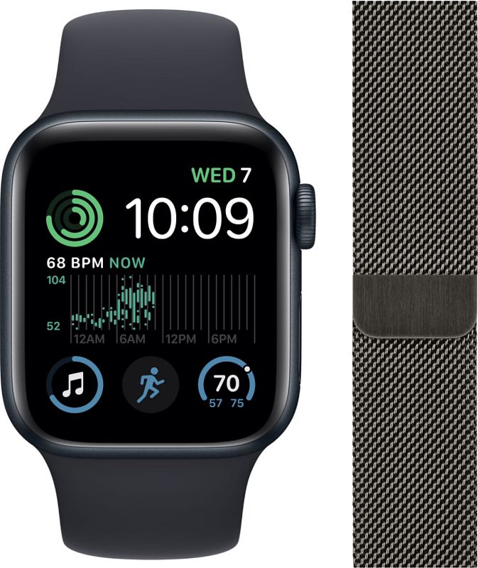 Foto van Apple watch se (2022) 44mm midnight aluminium sportband + polsband milanees grafiet