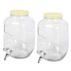 Foto van 2x stuks glazen drankdispensers/limonadetap met geel/wit geblokte dop 4 liter - drankdispensers