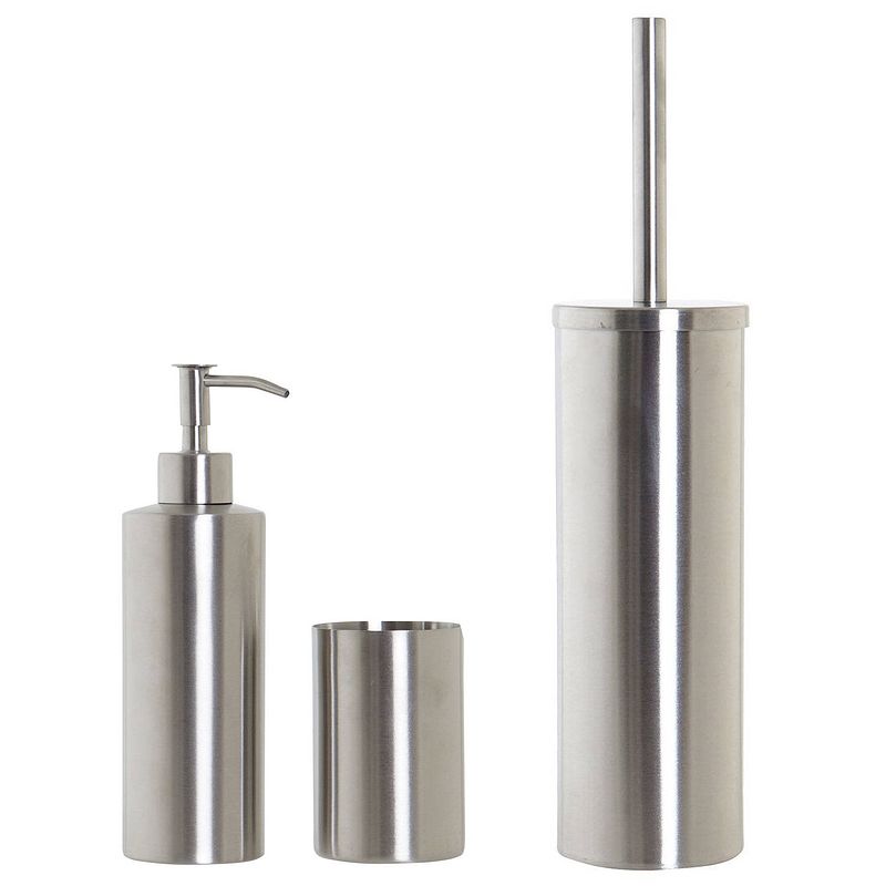 Foto van Toiletborstel houder zilver 39cm met zeeppompje 400 ml en beker metaal - toiletborstels