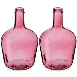 Foto van Bloemenvazen 2x stuks - flessen model - glas - roze transparant - 19 x 31 cm - vazen