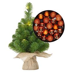 Foto van Mini kerstboom/kunstboom met verlichting 45 cm en inclusief kerstballen oranje - kunstkerstboom