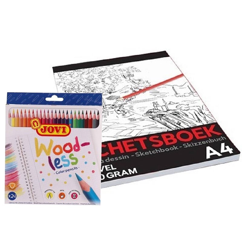Foto van 24-delige teken jovi potloden set met a4 schetsboek 50 vellen - kleurpotlood