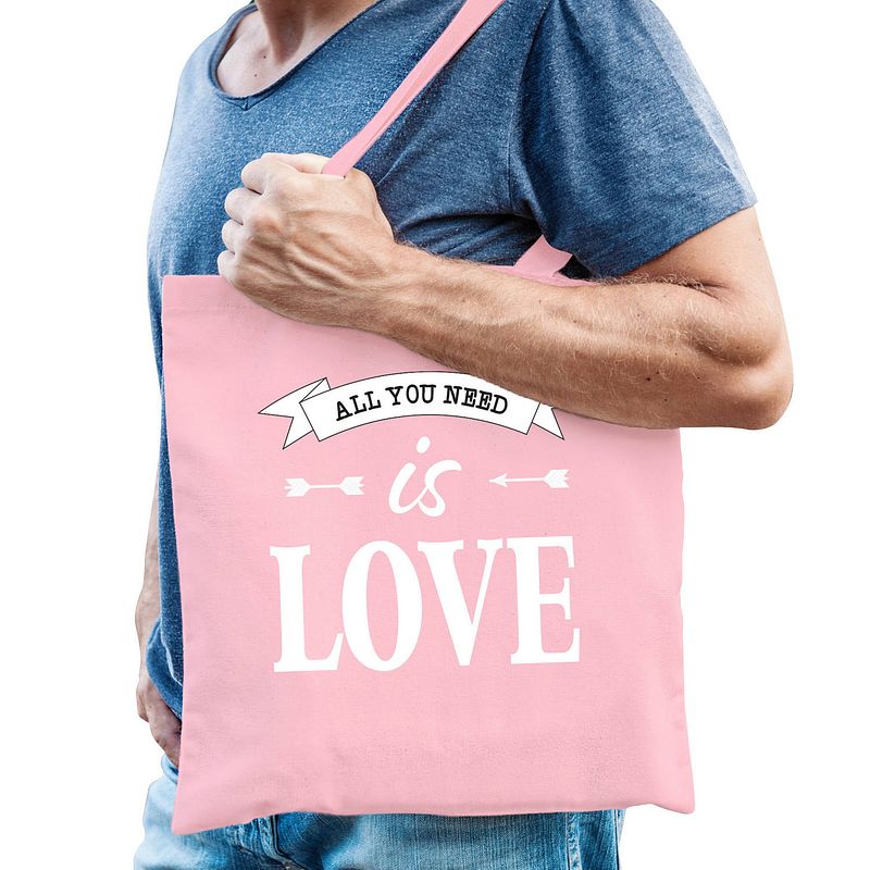 Foto van Bellatio decorations gay pride tas - katoen - 42 x 38 cm - roze - lhbti - love - feest boodschappentassen