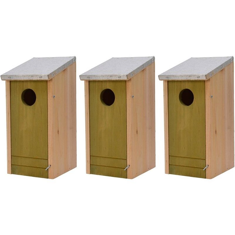 Foto van 3x houten vogelhuisjes/nestkastjes lichtgroene voorzijde 26 cm - vogelhuisjes