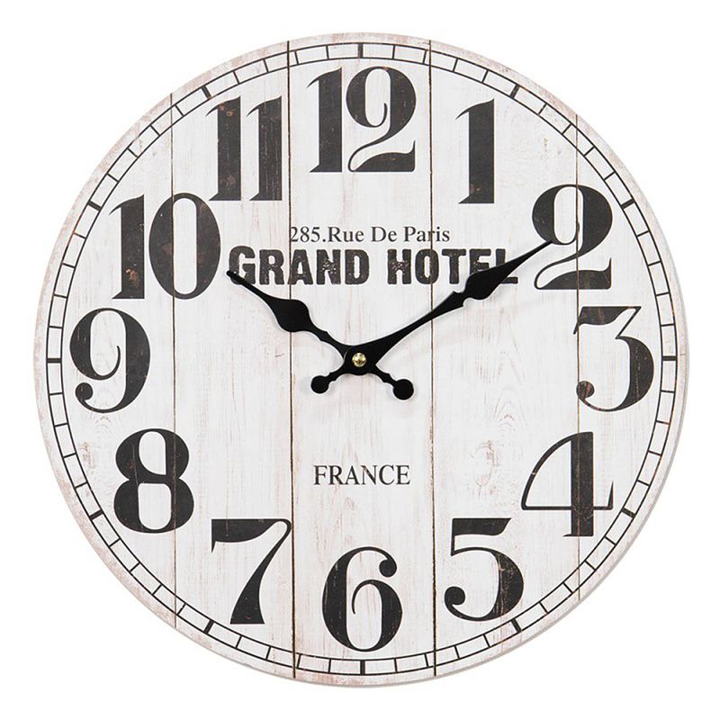 Foto van Haes deco - wandklok 34 cm vintage wit zwart met tekst grand hotel - wijzerplaat met cijfers - ronde mdf klok