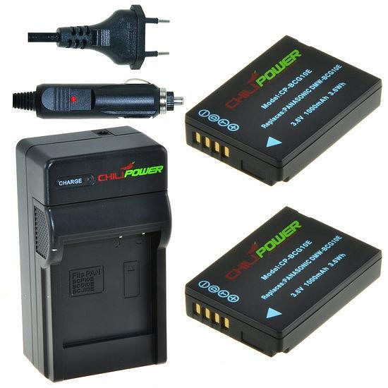 Foto van 2 x dmw-bcg10 accu's voor panasonic - inclusief oplader en autolader - origineel chilipower